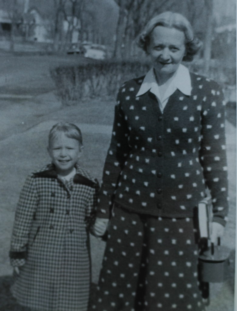 Judy ~age 6 and Anyu in Denver. My mother knit her suit--a milk chocolate brown wool with yellow angora polka dots.
